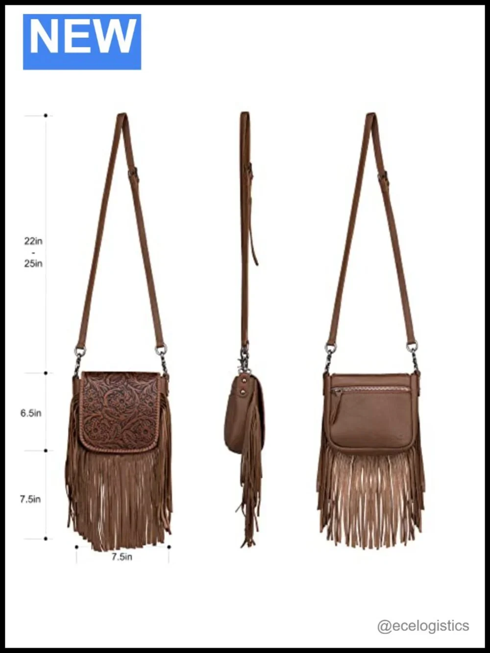 Genuine Leather Fringe Crossbody Bag with Floral Tooled Pattern - Small
